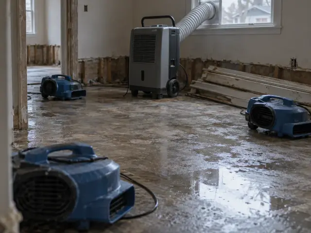 Three low air movers and a dehumidifier running on a bare subfloor in a stripped room, skirting boards removed and stacked against the wall