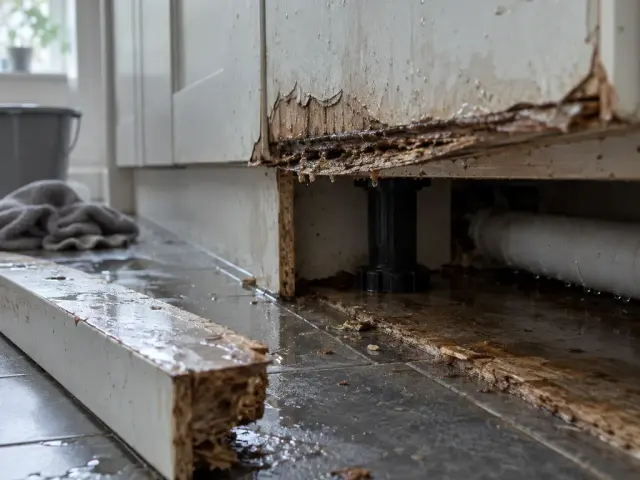 The bottom of a kitchen cabinet swollen and delaminating above a wet tiled floor, the kickboard panel removed and lying beside it