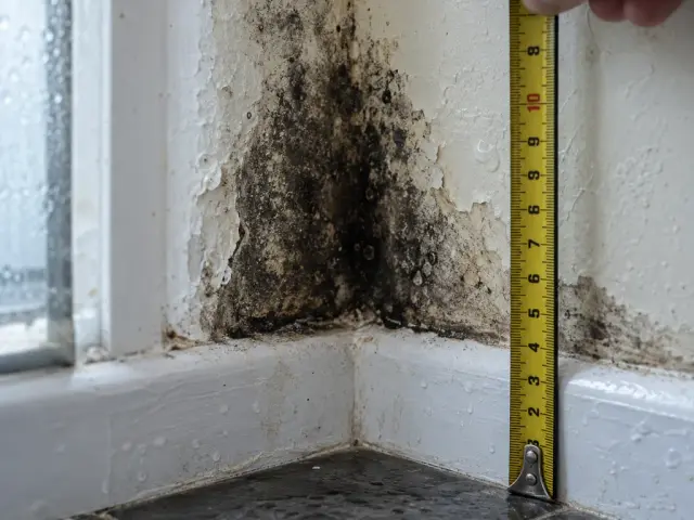Dark mould in the corner of a bathroom wall above the skirting with a tape measure held against it