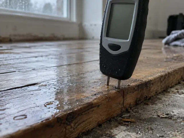 A pin moisture meter with two fine probes pushed into the edge of a timber floorboard, the display turned towards the camera