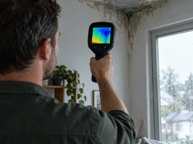 A handheld thermal camera held towards a ceiling, its screen showing a cool blue patch spreading from one corner